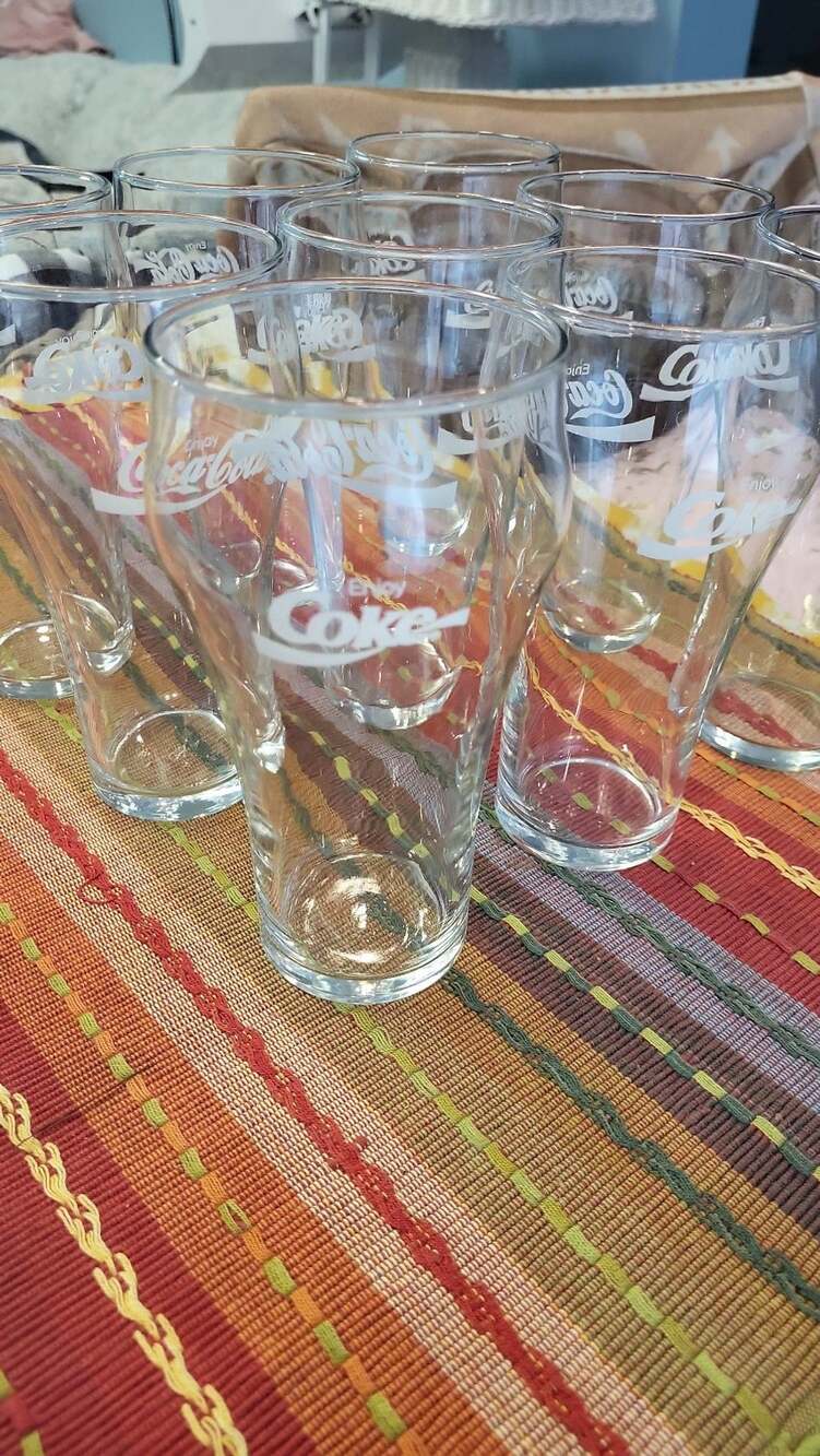 Vintage Set of 9 Enjoy Coca-Cola Clear Glass Tapered Soda Fountain Tumblers